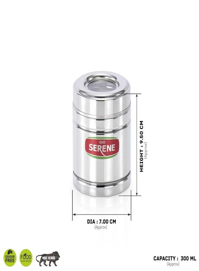 Serene 9101 Stainless Steel Top See-Through Transparent Container | Transparent Lid | Airtight Steel Containers | Multipurpose Kitchen Storage for Spices, Snacks & More | 300 ML Each | 6 Pcs - Image 3